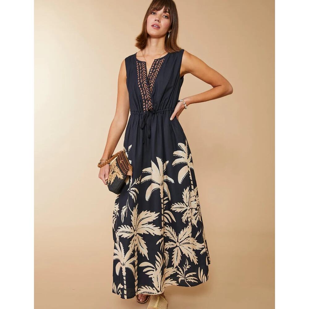Spartina 449 NWT Keila Midi Dress Southern Resort Palms Black Sz XS